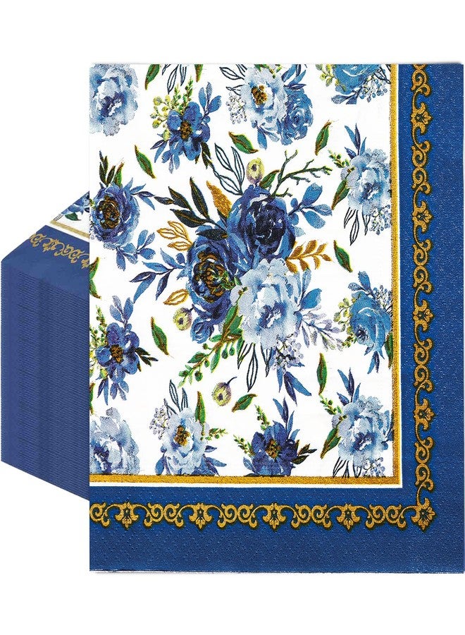 AnyDesign 80 Pack Navy Blue Floral Paper Napkins Blue White Flower Disposable Luncheon Napkins Gold Frame Dessert Dinner Hand Napkin for Home Kitchen Wedding Birthday Baby Shower, 6.5 x 6.5 Inch - Image 1